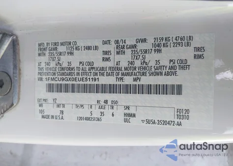 2014 Ford Escape Se z USA, uszkodzony, nr VIN 1FMCU9GX0EUE51191